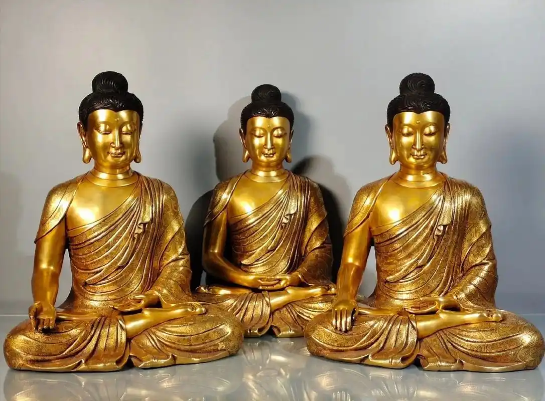 紫铜鎏真金手工满工錾花精工打造三宝佛供像一套 单尊尺寸:高4 - 抖音