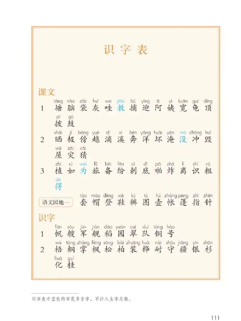 语文二年级上册生字及识字表