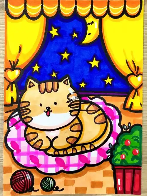 可爱的小猫咪马克笔手绘卡通儿童画步骤