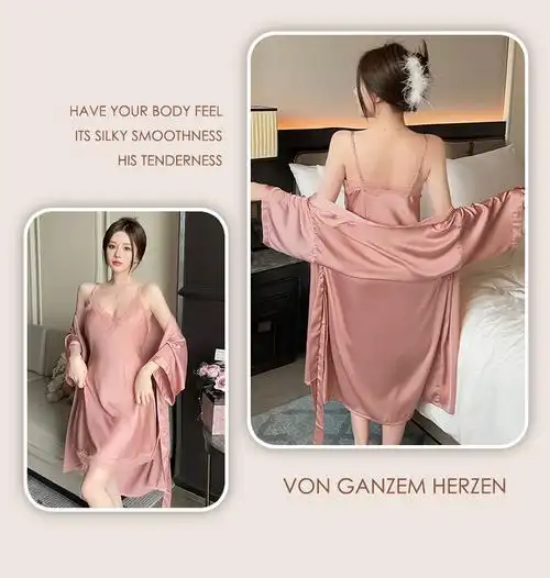 腾升带胸垫吊带睡裙冰雪丝绸单裙吊带睡衣两件套装花边蕾丝睡袍女