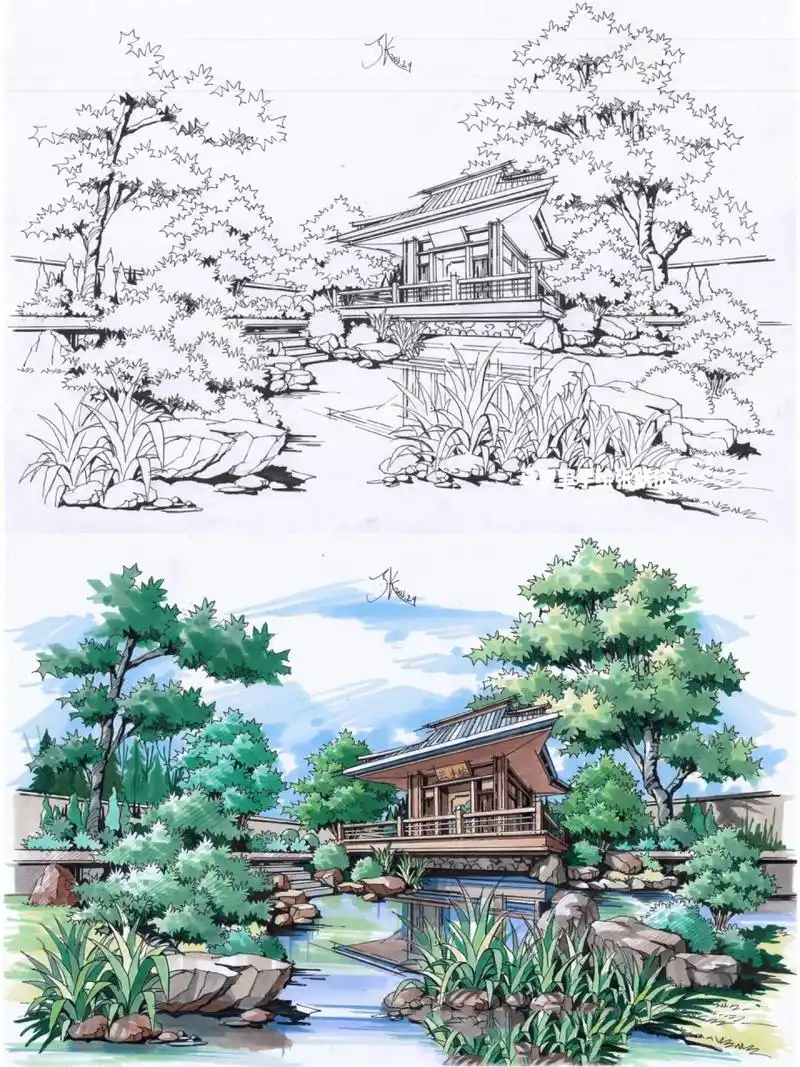 中式庭院景观手绘  原照片前景比较空,这张图在构图的时候主观处理了