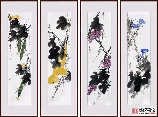 实力派画家郑晓京写意花鸟画藤蔓花果四条屏