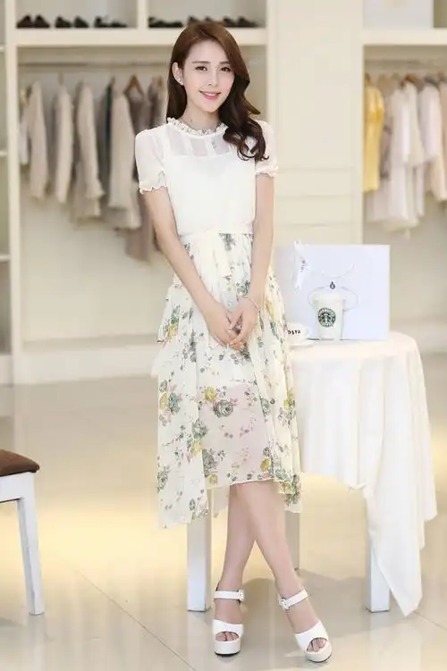 实拍8186#2015夏装新款雪纺连衣裙 韩版女装优雅短袖印花连衣裙