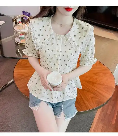 小碎花短袖衬衫女夏季2024新款卡腰小衫短款洋气法式娃娃领上衣 - 17