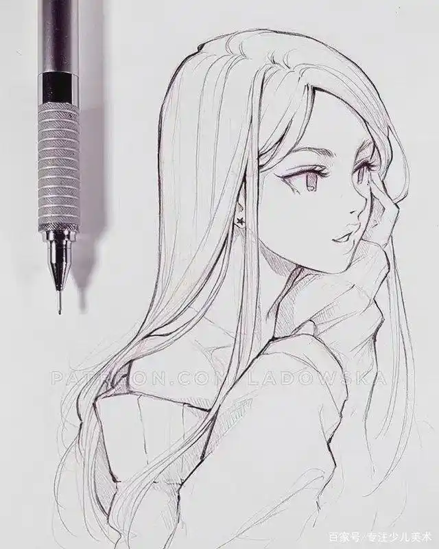 黑白线描动漫人物~美少女头像