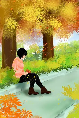 秋日树荫下休息的女孩插画
