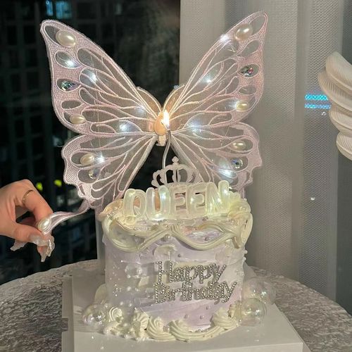 网红小仙女蛋糕装饰唯美刺绣带灯大蝴蝶摆件发光灯串情人节装扮