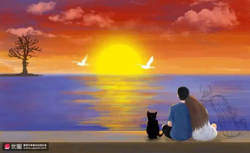 晚霞日出飞鸟水面热恋情侣七夕情人节插画图片下载-优图网