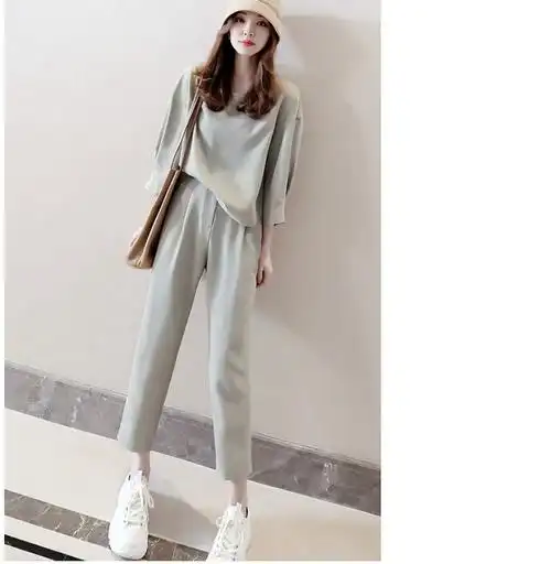 纯原尾货 养眼清爽豆绿色微哈显瘦吸烟裤7分裤套装下装夏女休闲裤