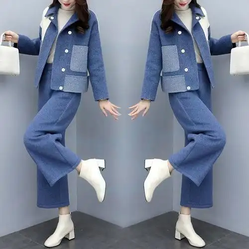2023新款女装秋冬两件套裤大码拼接毛呢外套阔腿裤休闲时尚套装女