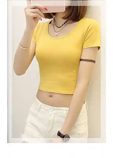 实拍露脐上衣白色t恤女夏 短款高腰紧身漏脐短装修身衣服露肚脐装