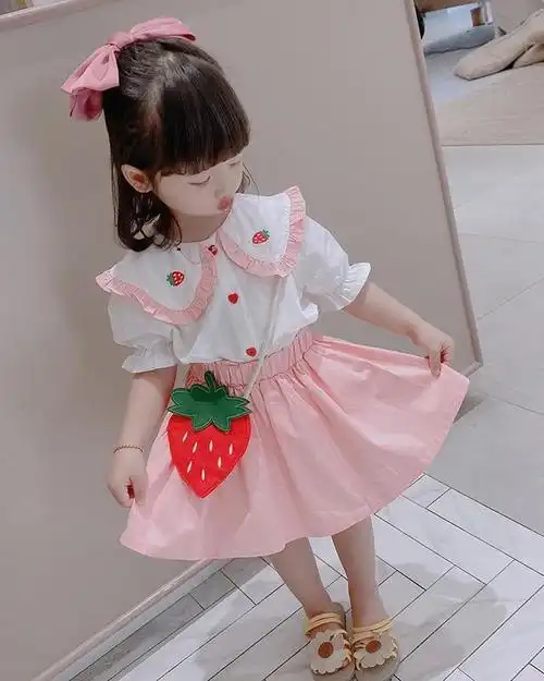 2020新款儿童夏装套装草莓娃娃领短袖上衣宝宝短裙两件套女