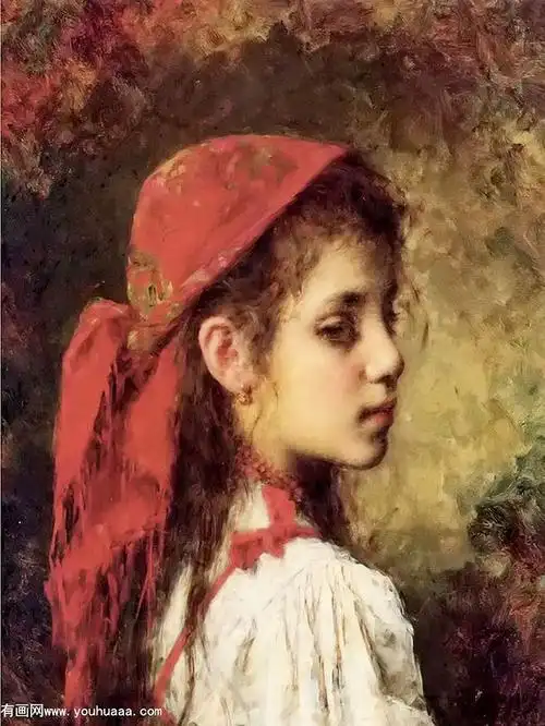 戴红色头巾的少女 - portrait of a young girl in red kerchief