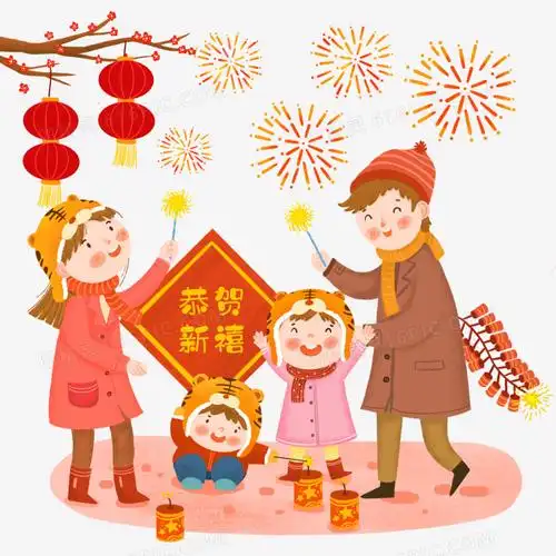 手绘卡通一家人放烟花场景插画免抠元素