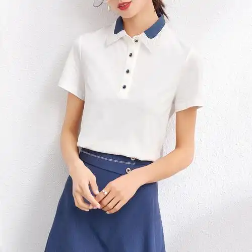 ounixue欧昵雪撞色蕾丝翻领上衣夏装简约休闲polo衫短袖针织t恤女