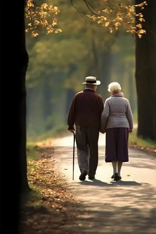 落日老人牵手行走晚霞海报背景