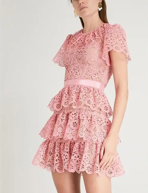 2018夏季新款sp第18季度新款 圆领粉色蕾丝修身蛋糕短袖连衣裙