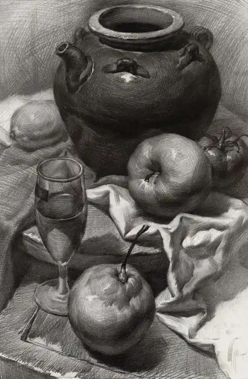 素描静物罐子带苹果非的基本刻画