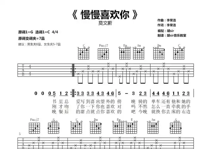 莫文蔚《慢慢喜欢你》吉他谱 - c调弹唱六线谱第1张