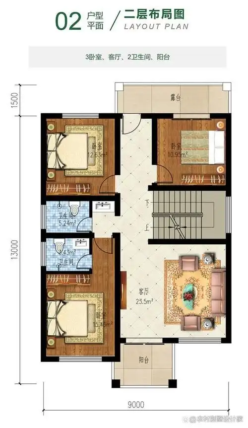 面宽9米三层两开间小户型别墅图纸推荐,功能齐全合理,6房3厅5卫
