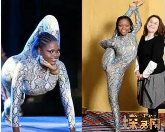 身穿蛇皮套装,并且将身体随意扭曲折叠,由此她也得到一个称号——蛇女