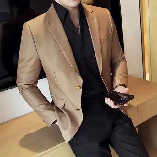 跨境新款春季男士西装外套 男两粒扣西服商务休闲质感金属扣单西