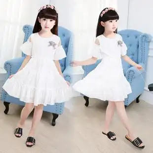 巴拉巴拉娜伲熊女童白裙子2017新款儿童白色公主裙纯棉露肩连衣裙