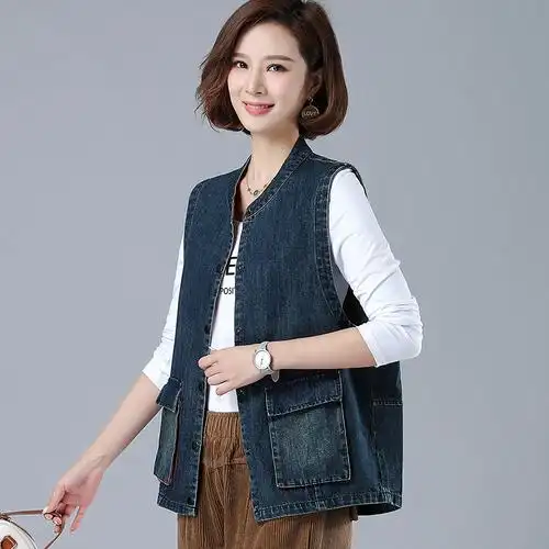加肥大码纯棉牛仔马甲女2022春秋新款中老年妈妈外穿马夹背心坎肩