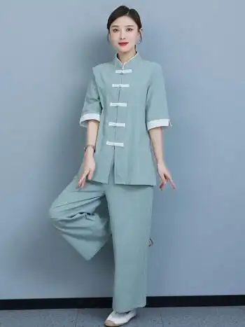 夏季洗浴桑拿足浴技师工作服中式唐装养生馆美容师女中医足疗套装2-奢