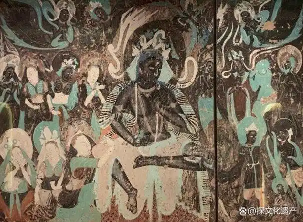 莫高窟254窟尸毗王本生-割肉贸鸽北壁绘画故事记载顺序为从左至右,此