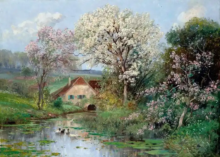 春天的池塘_油画_油画_风景_风景油画_装饰画