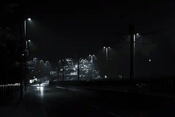 明亮的路灯映在路上,昏暗的光线由近至远一路相连,绵绵远远.