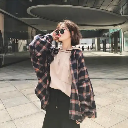 2017冬季新款格子衬衫女长袖宽松显瘦学生上衣韩范百搭bf风衬衣潮