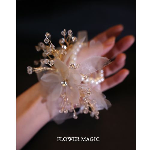 水晶珍珠链纱花瓣唯美闪闪新娘伴娘结婚礼姐妹团手花手腕花胸花