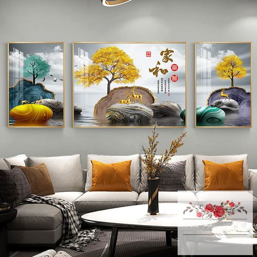 工厂现发客厅装饰画新中式山水晶瓷画镶钻三联画沙发背景墙挂画现代
