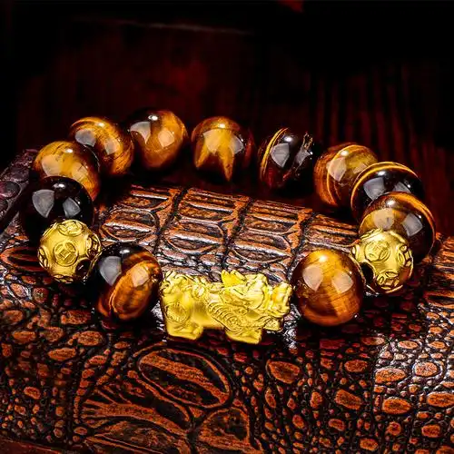 蒂蔻貔貅黄金手链男士款足金铜钱金珠硬金黄虎眼石路路通手串