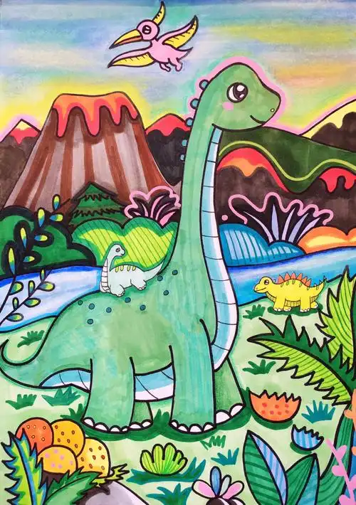 创意美术恐龙世界附线稿
