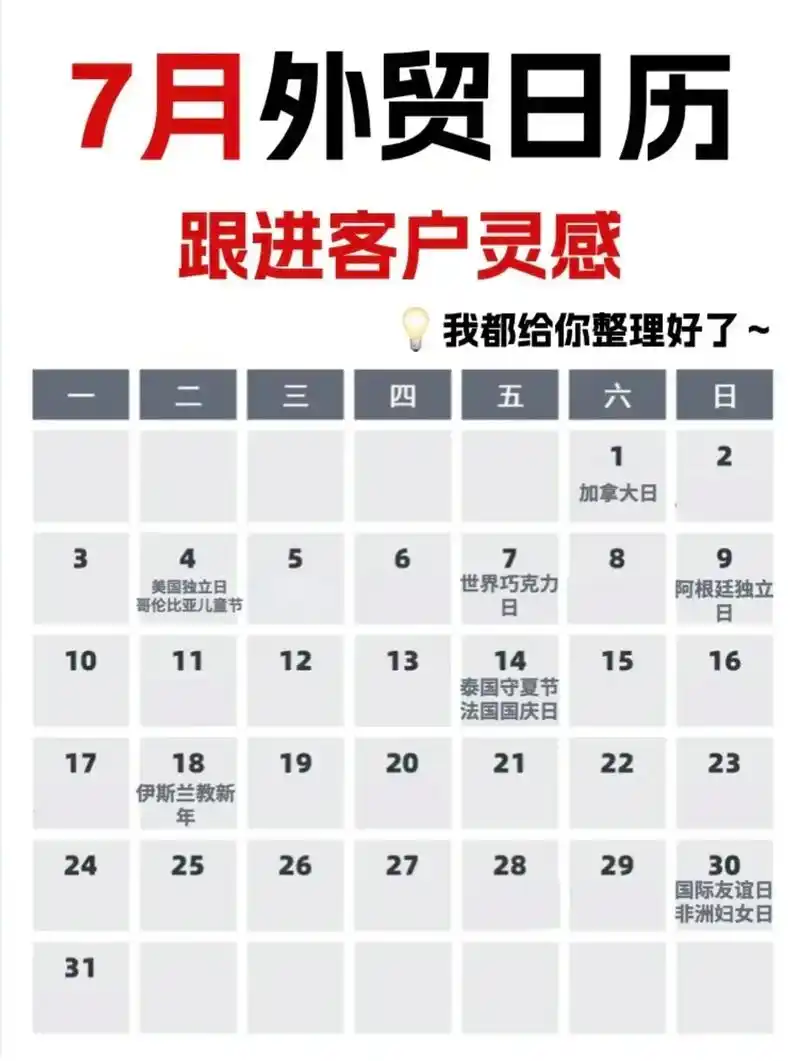 外贸人请查收,七月份各国节日.外贸人请查收,七月份各国节日, - 抖音