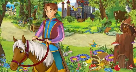 卡通场景,快乐的小男孩王子骑马在森林中遇到两座城堡-儿童插图照片