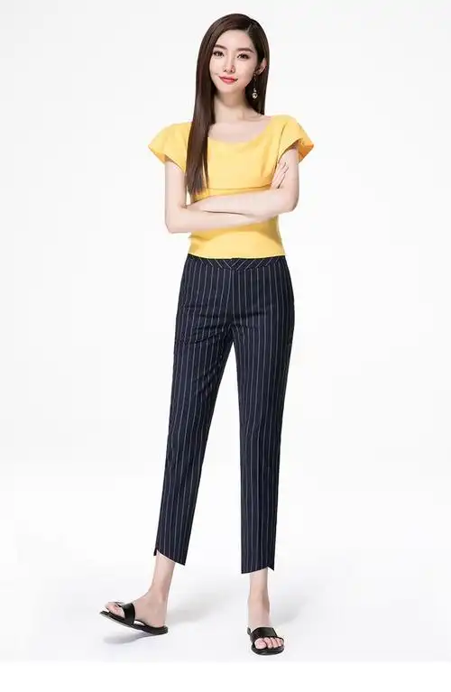 逸阳女裤2018夏季韩版新款九分条纹女生哈伦烟管裤子女学生0973-tmall