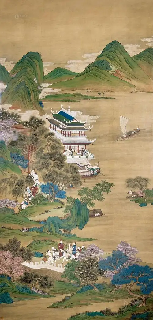 【清 青绿宫廷山水大图 镜心 设色绢本】拍卖品_图片_价格_鉴赏_绘画