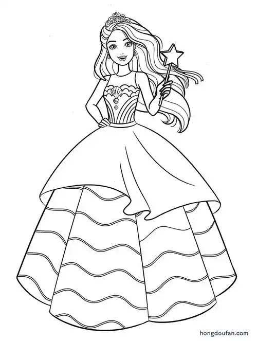 拿着星星魔法棒的芭比娃娃公主填色图片大全-红豆饭小学生简笔画大全