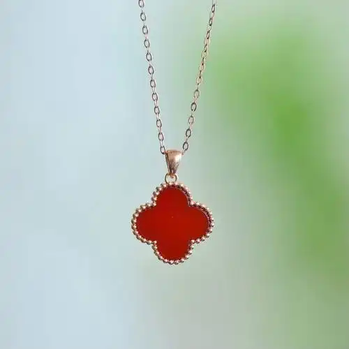 天然红玛瑙四叶草吊坠18k金镶嵌原创设计红水晶锁骨链项链挂坠女