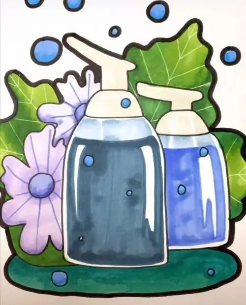 美术《消毒洗手液》,宝贝们可以观察自家的洗手液,进行绘画哦