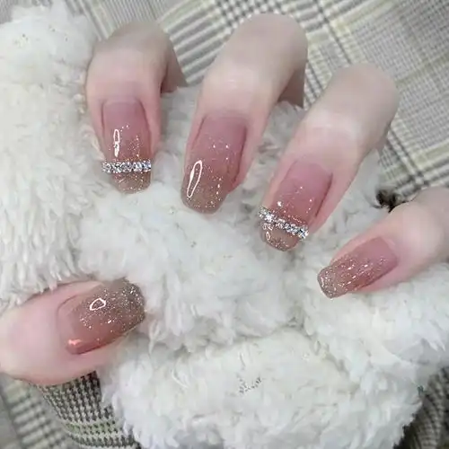 手工穿戴美甲成品甲片流星碎钻裸色透粉钻链贴片可拆假指甲新娘甲