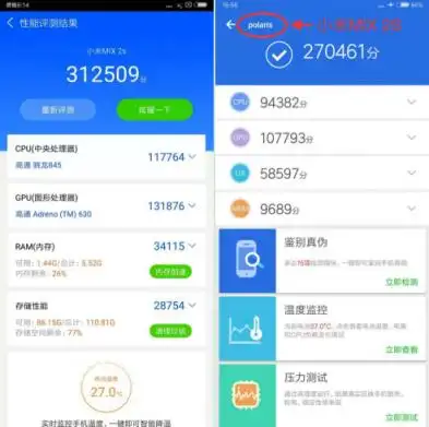 根据下图比较来看,小米mix2s在新版鲁大师跑分比安兔兔高4万分左右