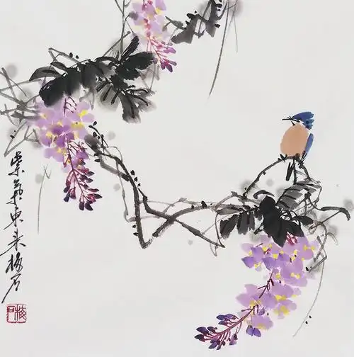 名家书画作品一尺斗方紫气东来原创国画紫藤手绘装饰画国画