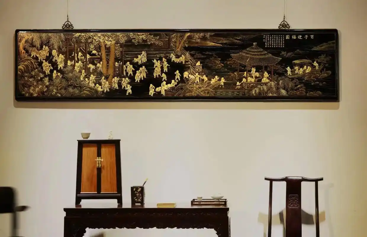 老楠木漆画【百子迎福图】描金挂屏 壁饰 工艺画  装饰画 百 - 抖音