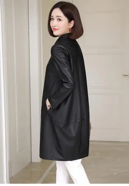 真皮皮衣女中长款2019春装新款宽松绵羊皮单皮风衣外套韩版潮 黑色 s