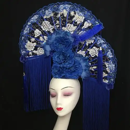 新款中国国风白色模特走秀比赛夸张奢华扇子头饰